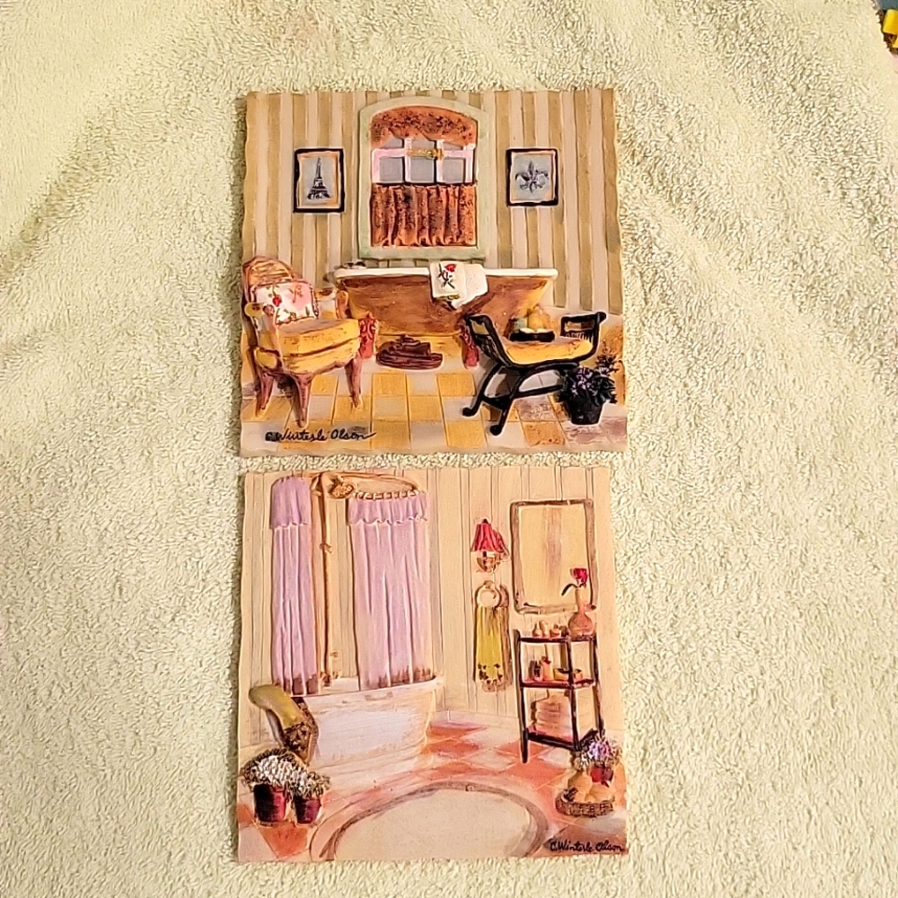 2 Vintage Bathroom Art 3D ceramic Plaques